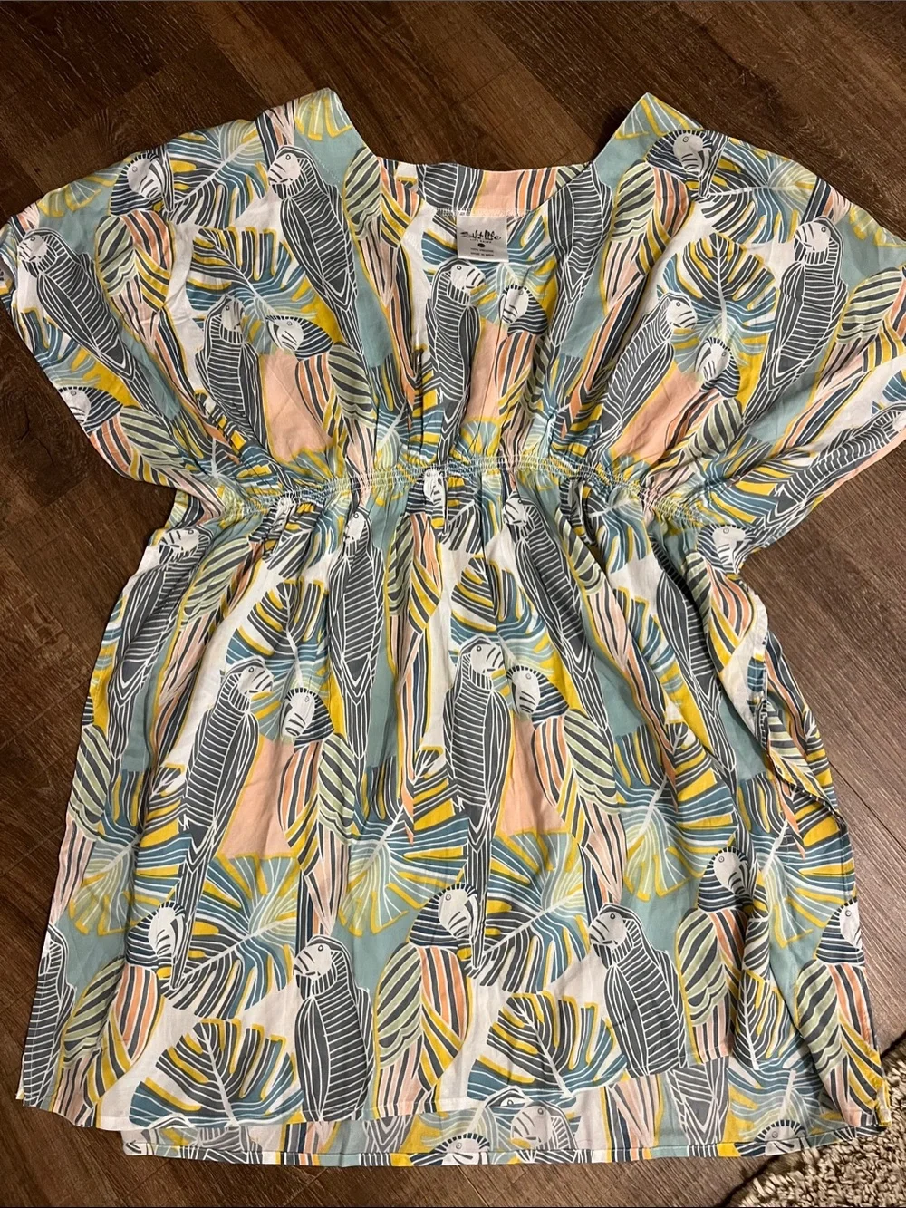 Girls' Parrot Print Elastic-Waist Dress in Pastel Blue and Yellow